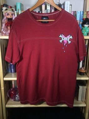 Cat Skull & Crossbones, Hand Painted, Red Graphic Crewneck Tee upcycle, unisex